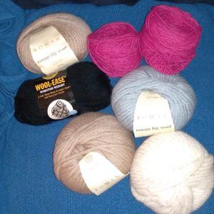Rowan 100 % Wool, cream, blue, mocha - Fuchsia - Black wool ease  Assorted Yarns
